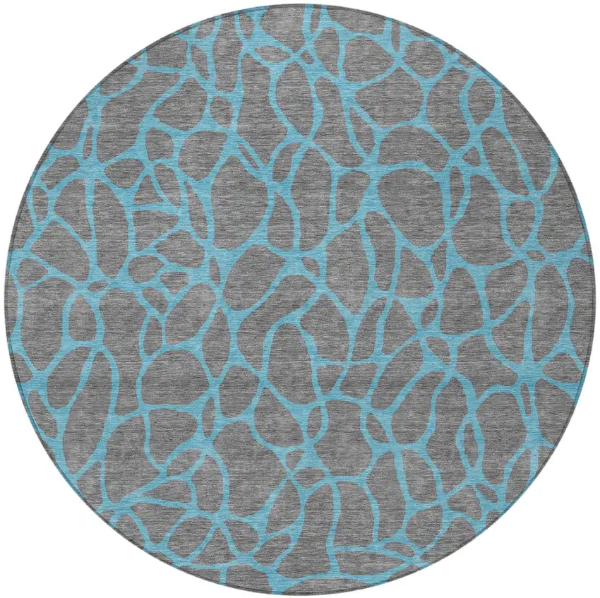 8' Gray And Teal Blue Round Geometric Washable Indoor Outdoor Area Rug Photo 5