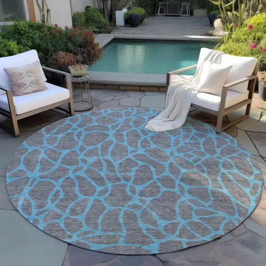 8' Gray And Teal Blue Round Geometric Washable Indoor Outdoor Area Rug Photo 6