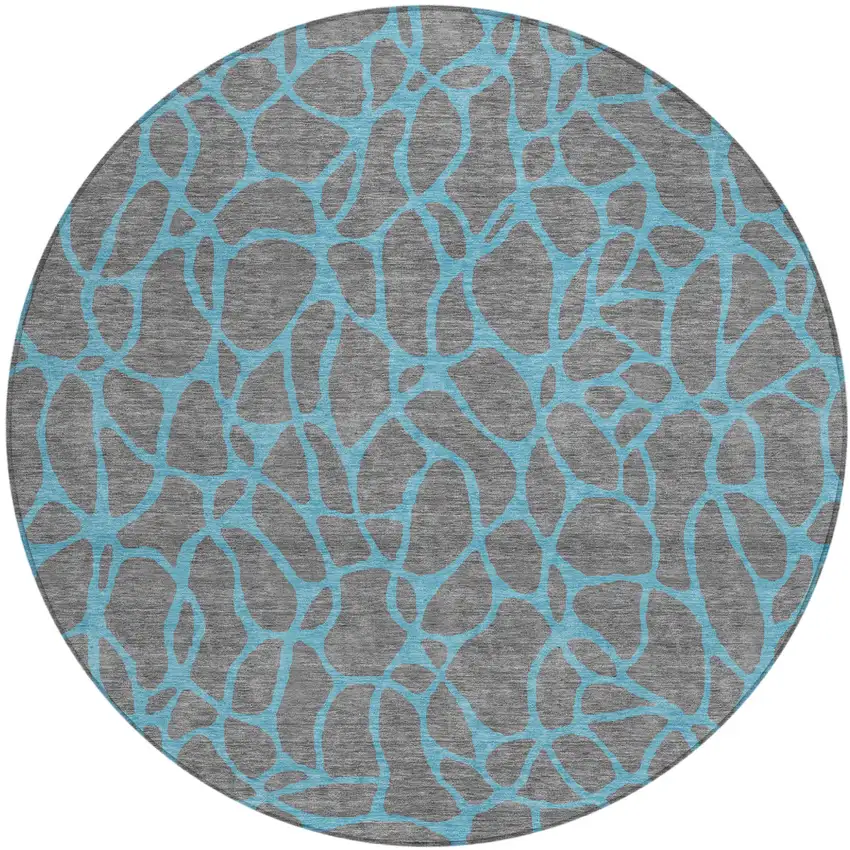 8' Gray And Teal Blue Round Geometric Washable Indoor Outdoor Area Rug Photo 2