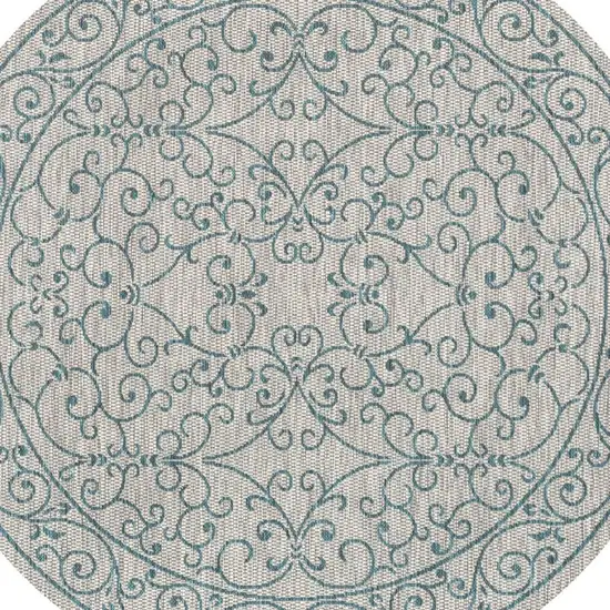 5' Gray And Teal Blue Round Medallion Indoor Outdoor Area Rug Photo 2