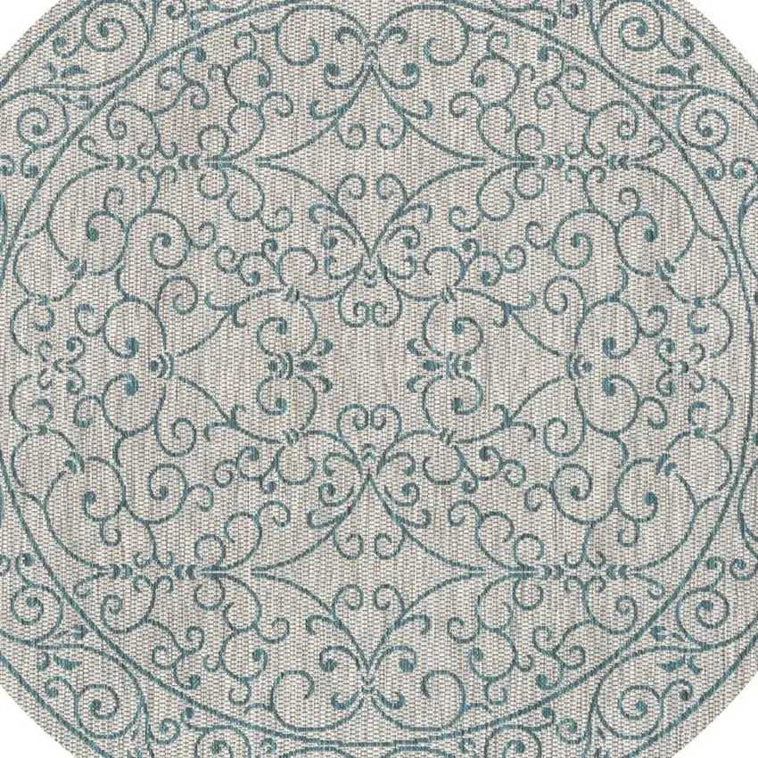5' Gray And Teal Blue Round Medallion Indoor Outdoor Area Rug Photo 2