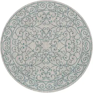 Photo of 5' Gray And Teal Blue Round Medallion Indoor Outdoor Area Rug