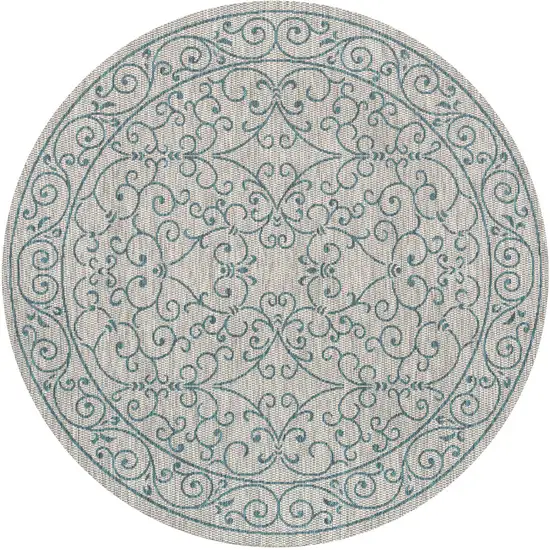 5' Gray And Teal Blue Round Medallion Indoor Outdoor Area Rug Photo 3