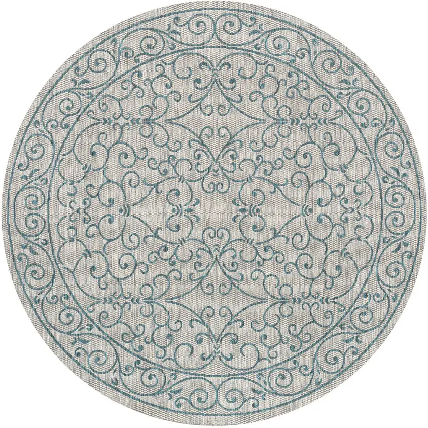 5' Gray And Teal Blue Round Medallion Indoor Outdoor Area Rug Photo 3