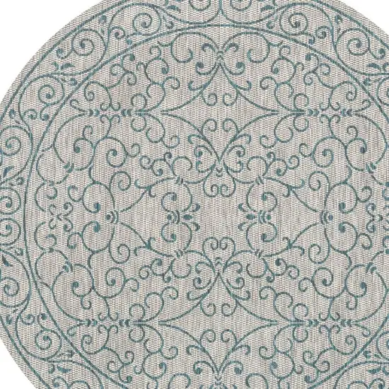 6' Gray And Teal Blue Round Medallion Indoor Outdoor Area Rug Photo 2