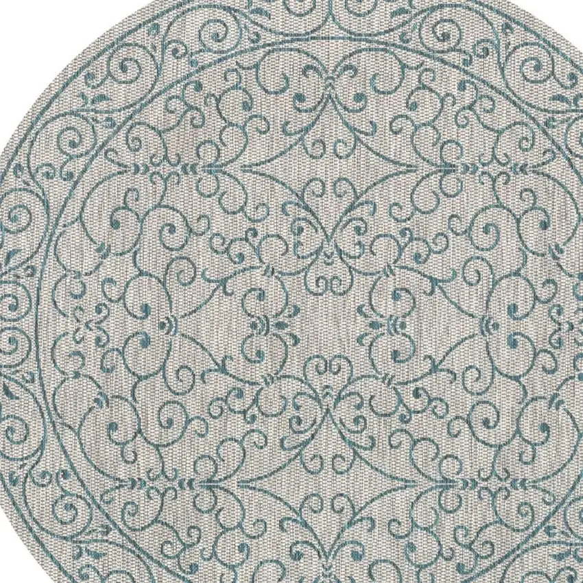 6' Gray And Teal Blue Round Medallion Indoor Outdoor Area Rug Photo 2