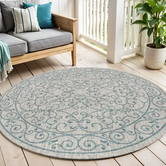 6' Gray And Teal Blue Round Medallion Indoor Outdoor Area Rug Photo 1