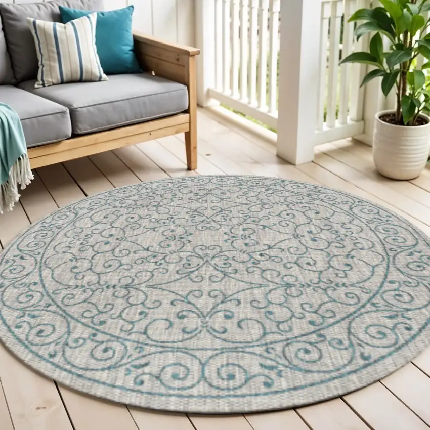 6' Gray And Teal Blue Round Medallion Indoor Outdoor Area Rug Photo 1