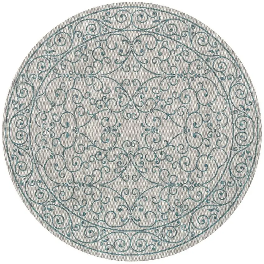 8' Gray And Teal Blue Round Medallion Indoor Outdoor Area Rug Photo 3