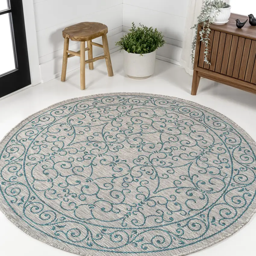 8' Gray And Teal Blue Round Medallion Indoor Outdoor Area Rug Photo 4