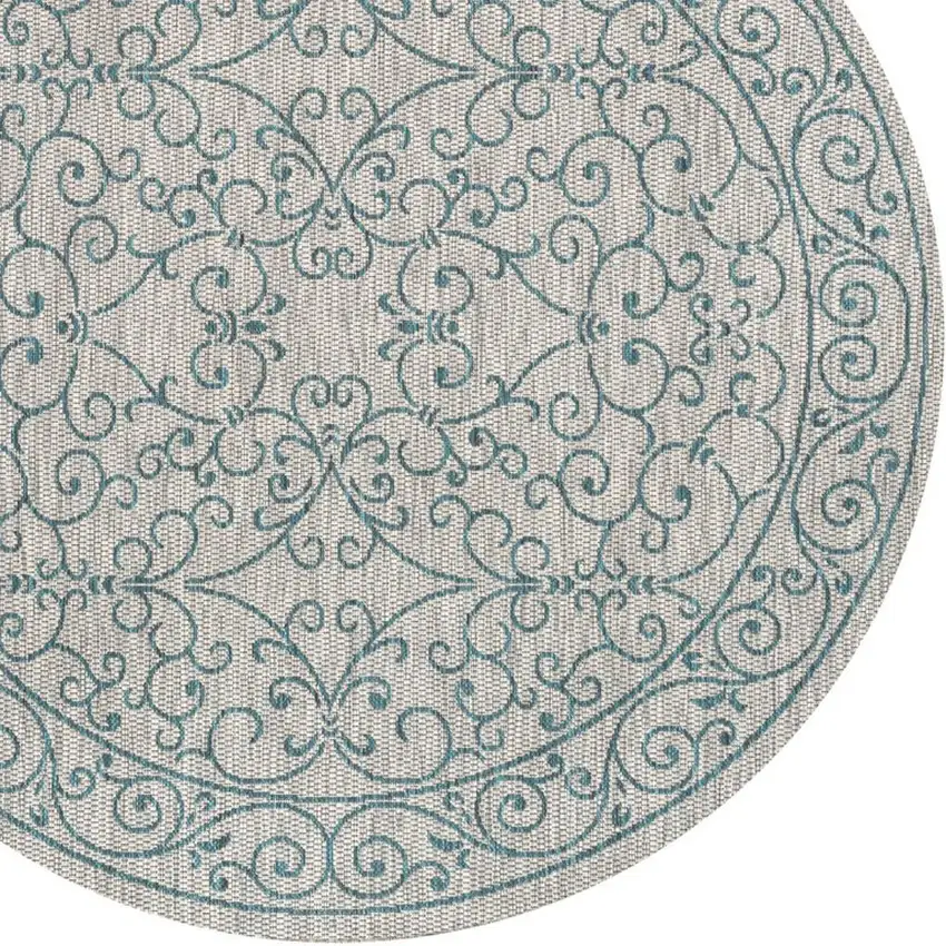 8' Gray And Teal Blue Round Medallion Indoor Outdoor Area Rug Photo 2