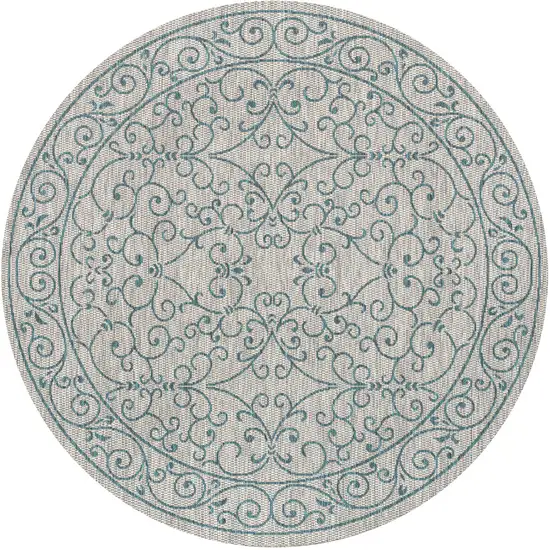 9' Gray And Teal Blue Round Medallion Indoor Outdoor Area Rug Photo 1