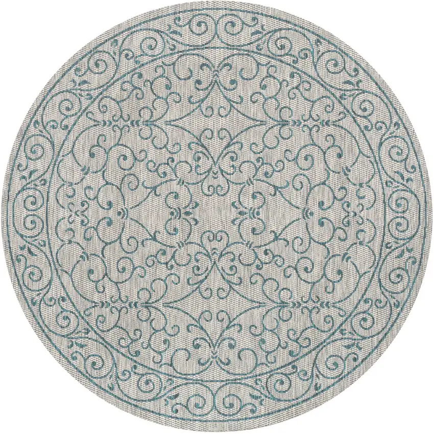 9' Gray And Teal Blue Round Medallion Indoor Outdoor Area Rug Photo 1