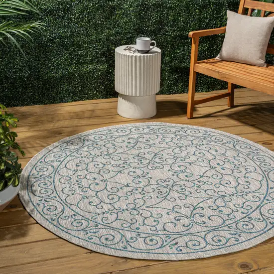 9' Gray And Teal Blue Round Medallion Indoor Outdoor Area Rug Photo 5