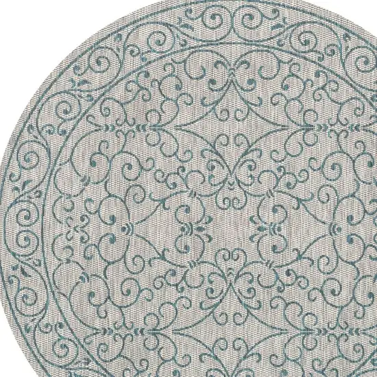 9' Gray And Teal Blue Round Medallion Indoor Outdoor Area Rug Photo 2