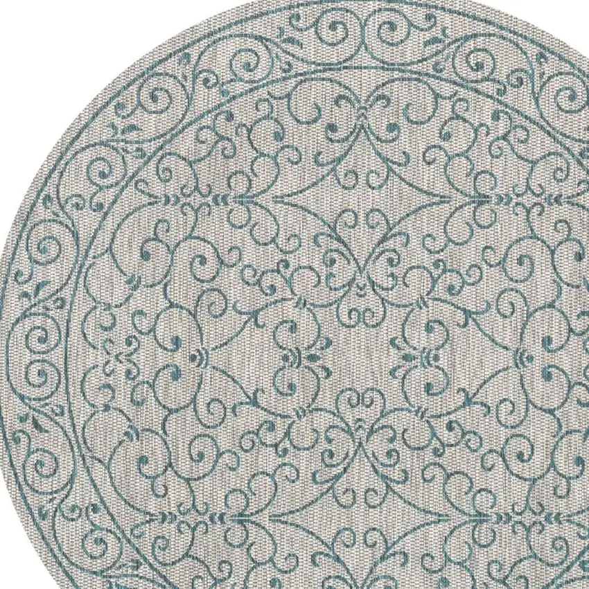 9' Gray And Teal Blue Round Medallion Indoor Outdoor Area Rug Photo 2