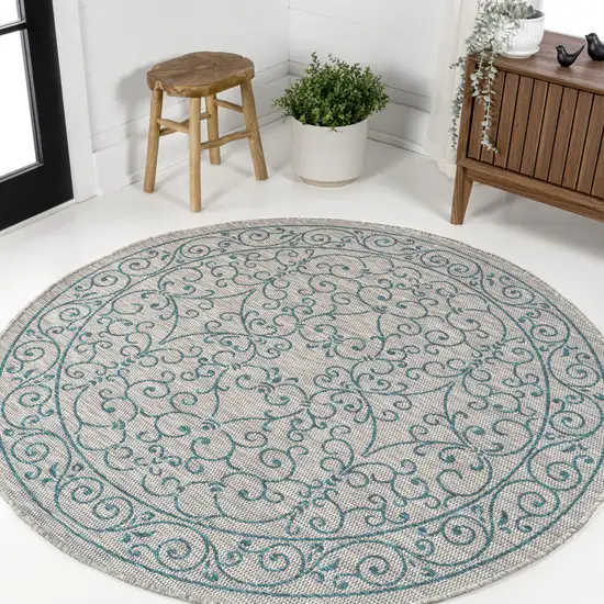 9' Gray And Teal Blue Round Medallion Indoor Outdoor Area Rug Photo 4