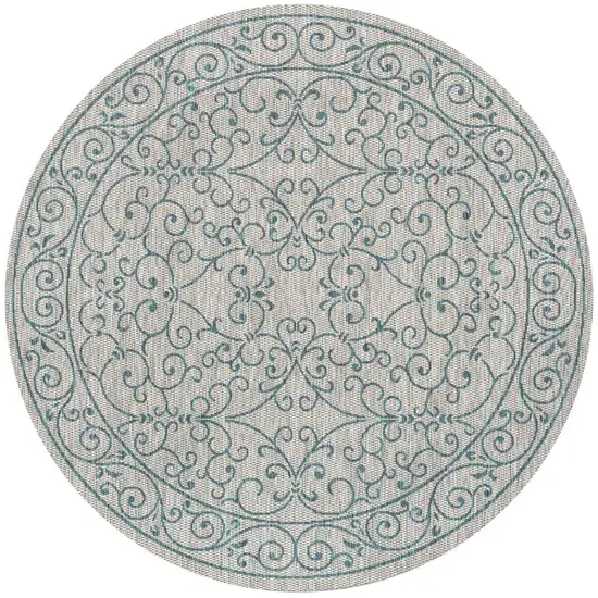 9' Gray And Teal Blue Round Medallion Indoor Outdoor Area Rug Photo 3