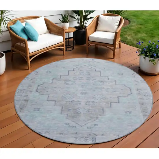 8' Gray And Teal Blue Round Medallion Washable Indoor Outdoor Area Rug Photo 2