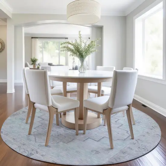 8' Gray And Teal Blue Round Medallion Washable Indoor Outdoor Area Rug Photo 6