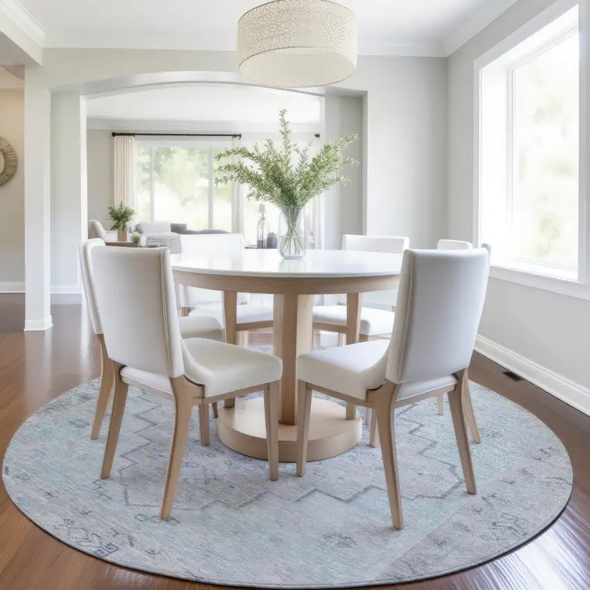 8' Gray And Teal Blue Round Medallion Washable Indoor Outdoor Area Rug Photo 6