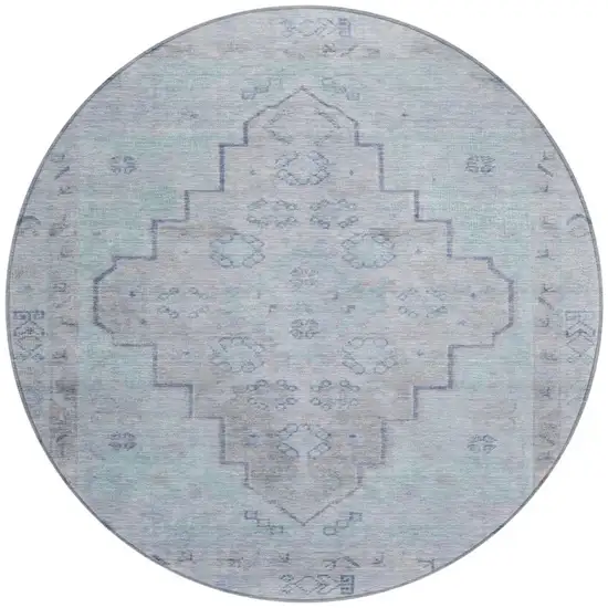 8' Gray And Teal Blue Round Medallion Washable Indoor Outdoor Area Rug Photo 3
