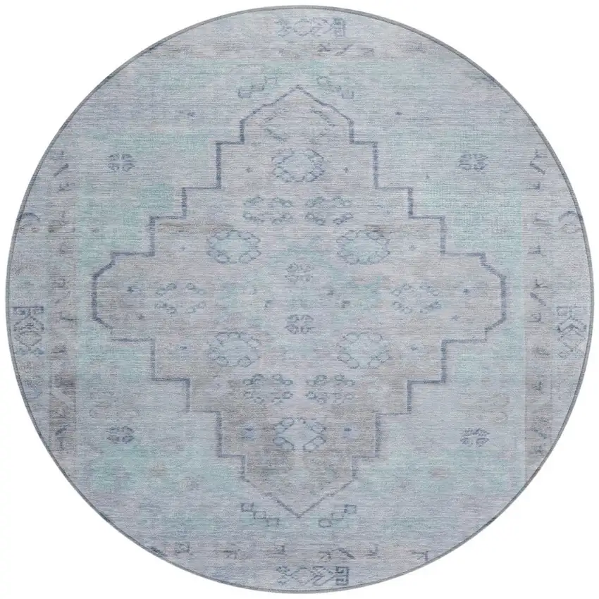 8' Gray And Teal Blue Round Medallion Washable Indoor Outdoor Area Rug Photo 3