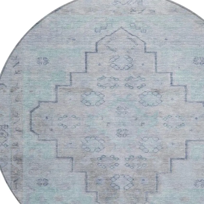 8' Gray And Teal Blue Round Medallion Washable Indoor Outdoor Area Rug Photo 4