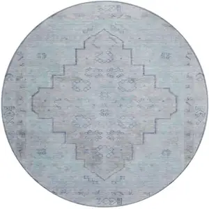 Photo of 8' Gray And Teal Blue Round Medallion Washable Indoor Outdoor Area Rug