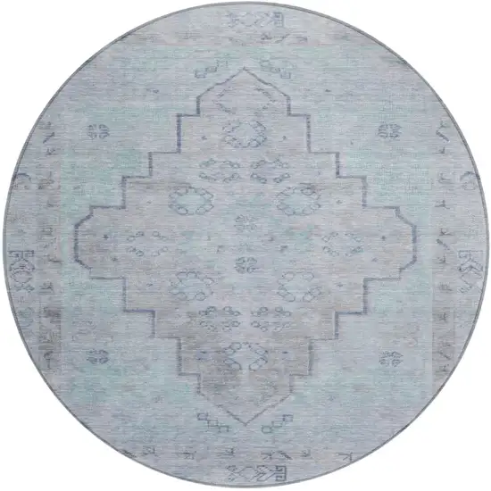 8' Gray And Teal Blue Round Medallion Washable Indoor Outdoor Area Rug Photo 1