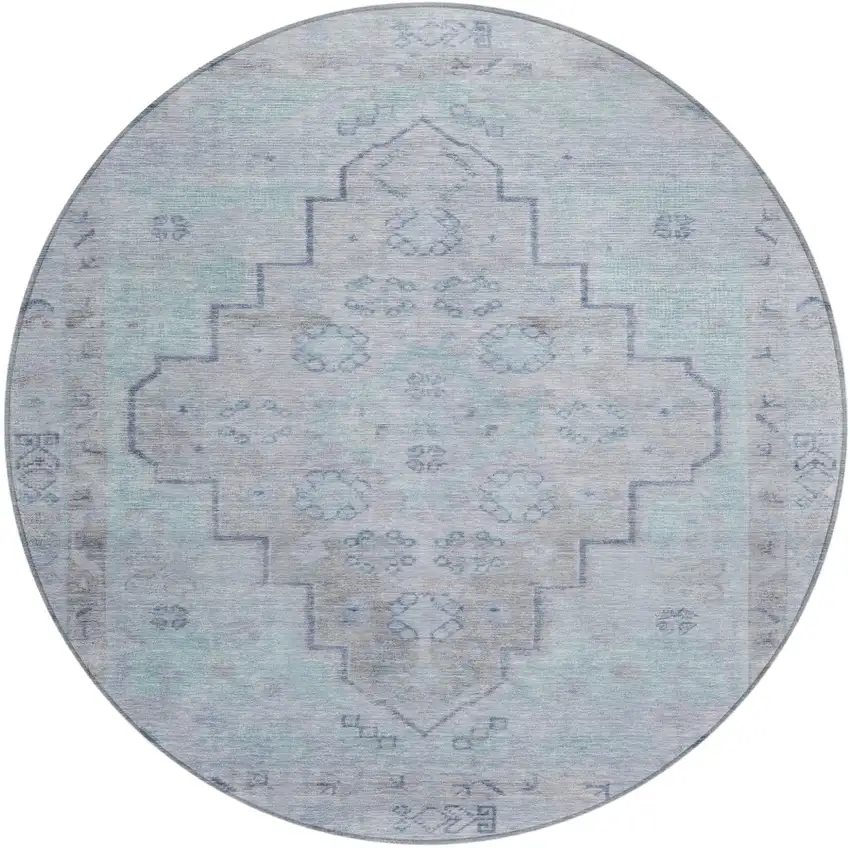 8' Gray And Teal Blue Round Medallion Washable Indoor Outdoor Area Rug Photo 1