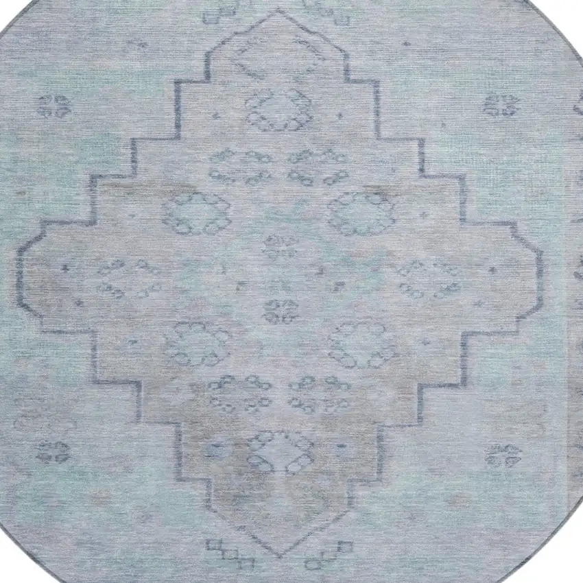 8' Gray And Teal Blue Round Medallion Washable Indoor Outdoor Area Rug Photo 9
