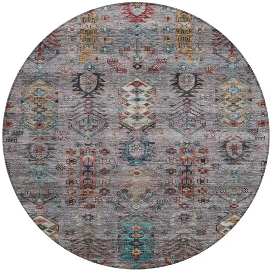 8' Gray And Teal Blue Round Tribal Washable Indoor Outdoor Area Rug Photo 3