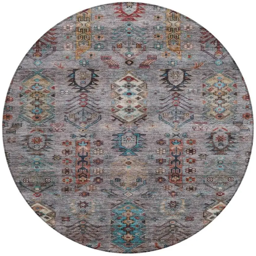 8' Gray And Teal Blue Round Tribal Washable Indoor Outdoor Area Rug Photo 3