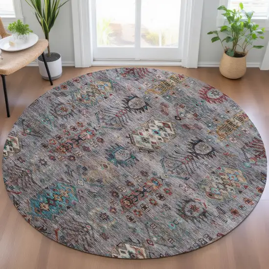 8' Gray And Teal Blue Round Tribal Washable Indoor Outdoor Area Rug Photo 6