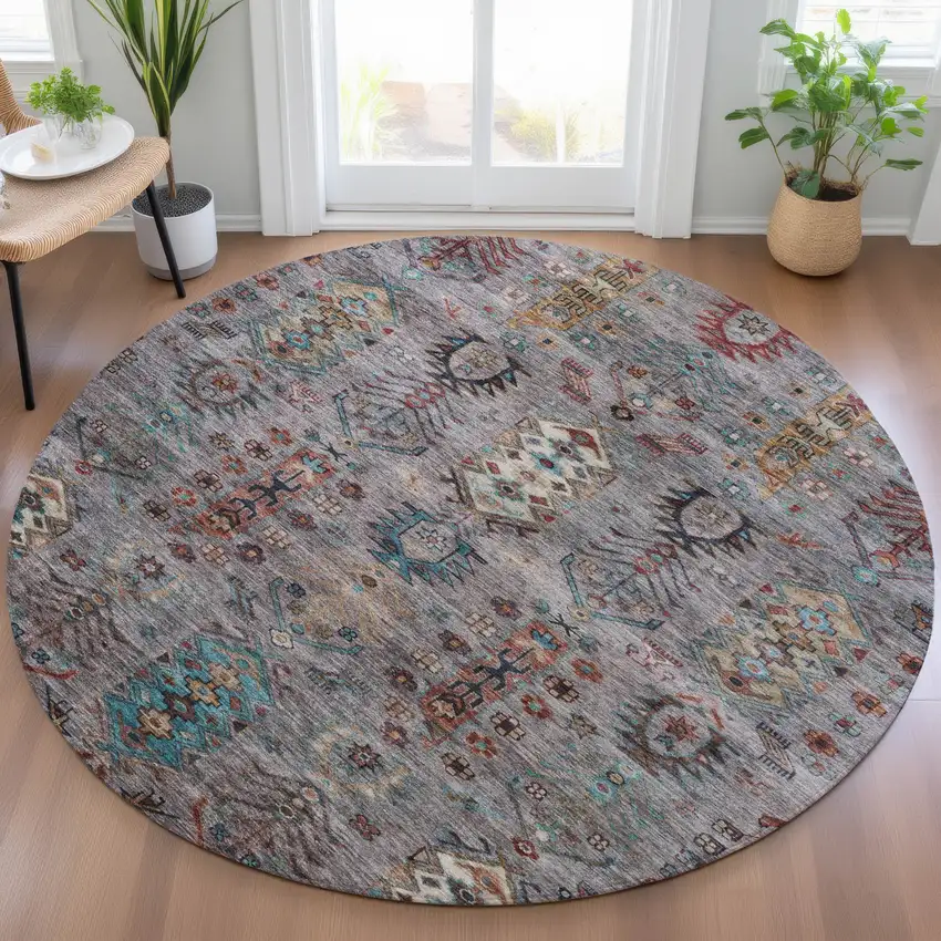 8' Gray And Teal Blue Round Tribal Washable Indoor Outdoor Area Rug Photo 6