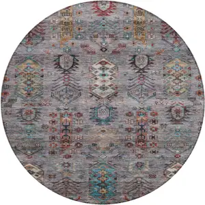 Photo of 8' Gray And Teal Blue Round Tribal Washable Indoor Outdoor Area Rug