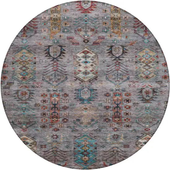 8' Gray And Teal Blue Round Tribal Washable Indoor Outdoor Area Rug Photo 1