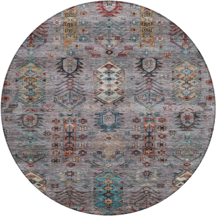 8' Gray And Teal Blue Round Tribal Washable Indoor Outdoor Area Rug Photo 1