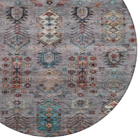 8' Gray And Teal Blue Round Tribal Washable Indoor Outdoor Area Rug Photo 4