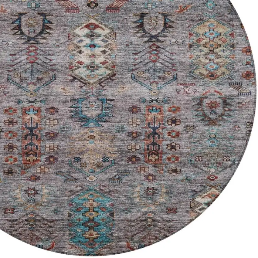 8' Gray And Teal Blue Round Tribal Washable Indoor Outdoor Area Rug Photo 4