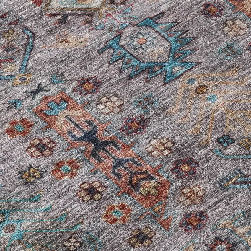 8' Gray And Teal Blue Round Tribal Washable Indoor Outdoor Area Rug Photo 9