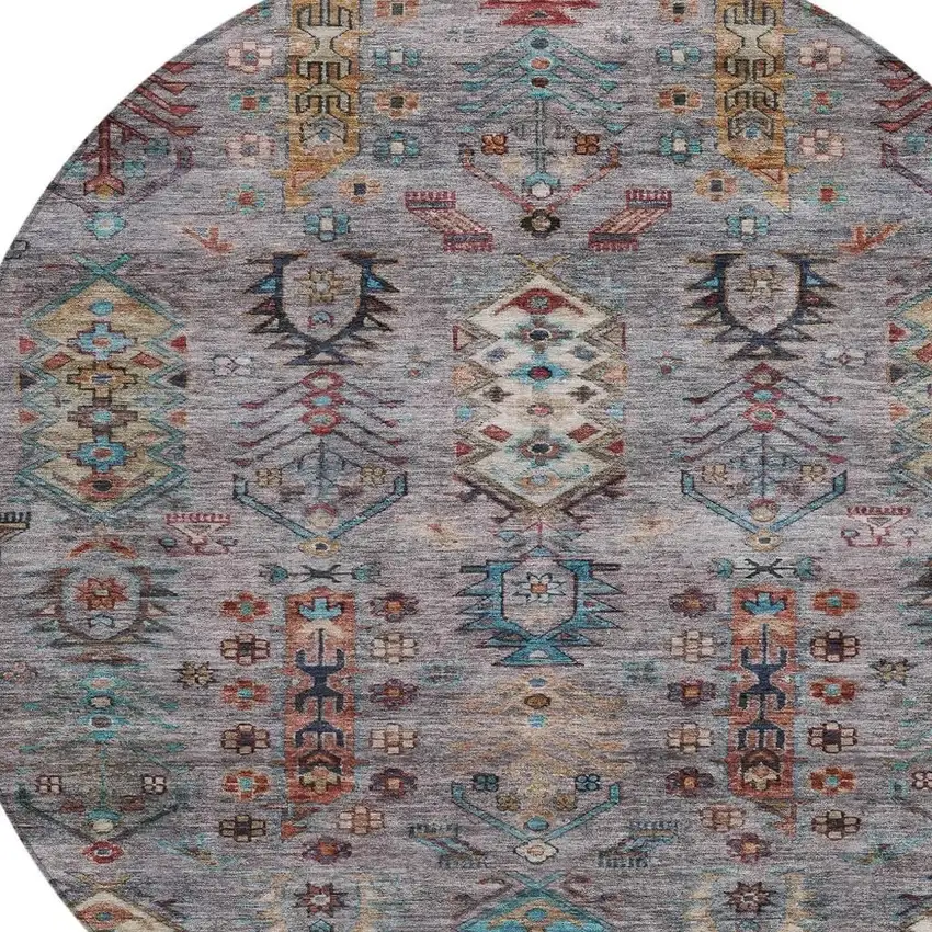 8' Gray And Teal Blue Round Tribal Washable Indoor Outdoor Area Rug Photo 8