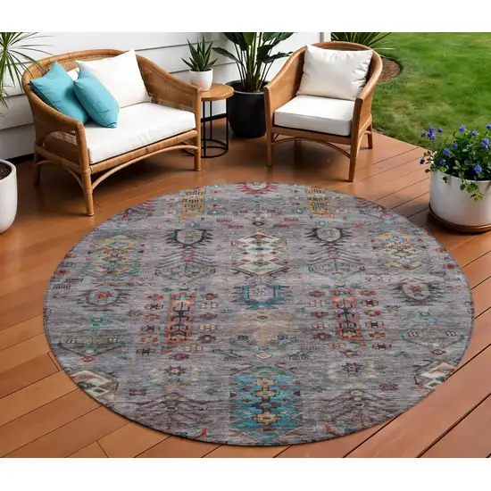 8' Gray And Teal Blue Round Tribal Washable Indoor Outdoor Area Rug Photo 2