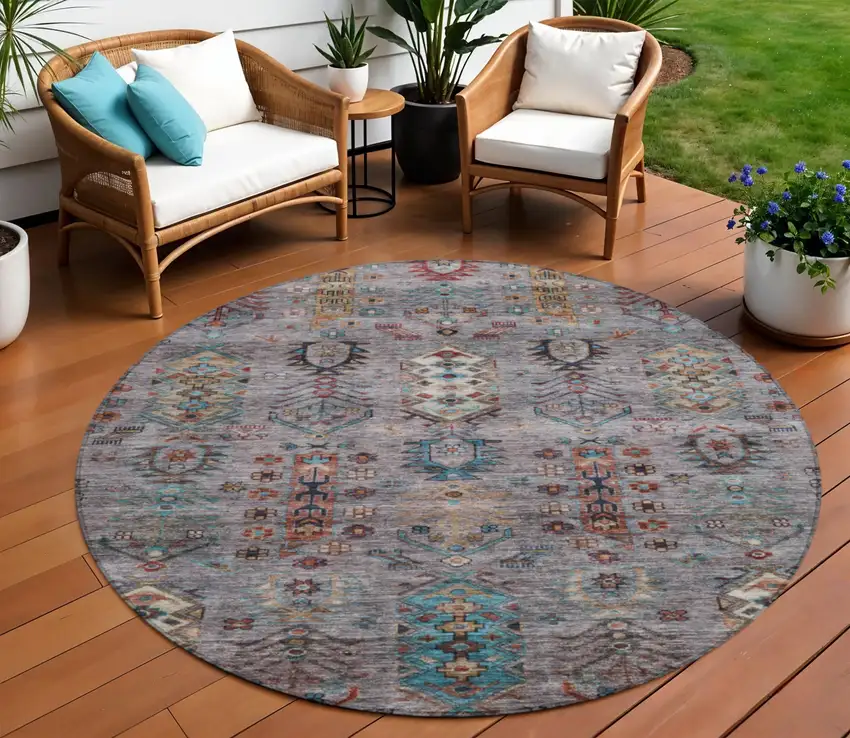 8' Gray And Teal Blue Round Tribal Washable Indoor Outdoor Area Rug Photo 2