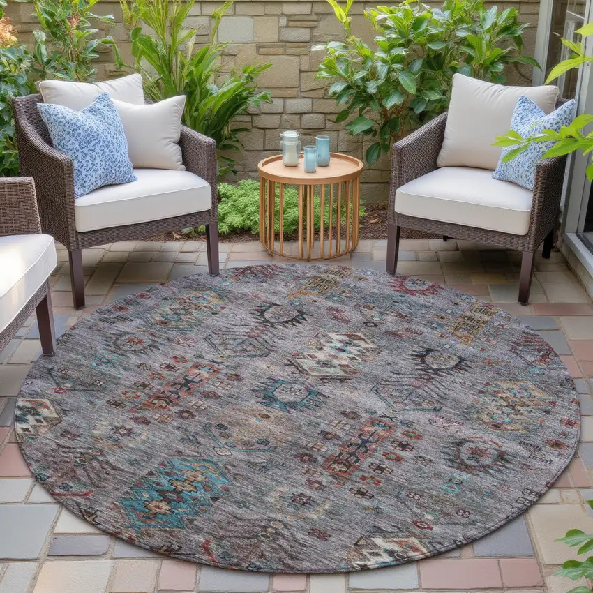 8' Gray And Teal Blue Round Tribal Washable Indoor Outdoor Area Rug Photo 5