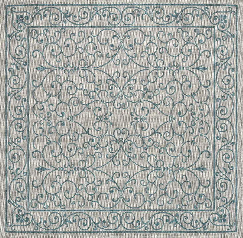 5' Gray And Teal Blue Square Medallion Indoor Outdoor Area Rug Photo 1