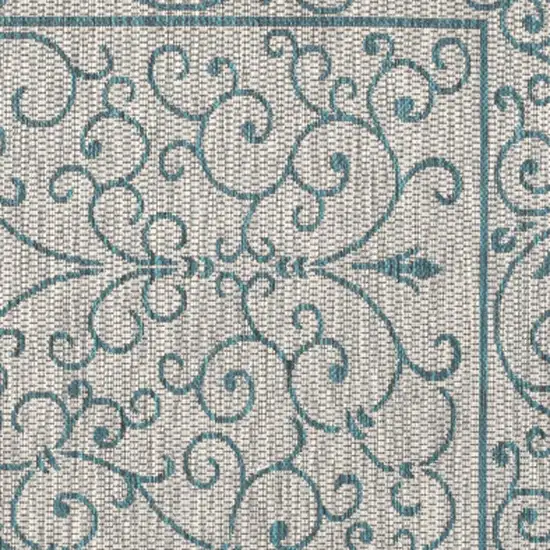 5' Gray And Teal Blue Square Medallion Indoor Outdoor Area Rug Photo 2
