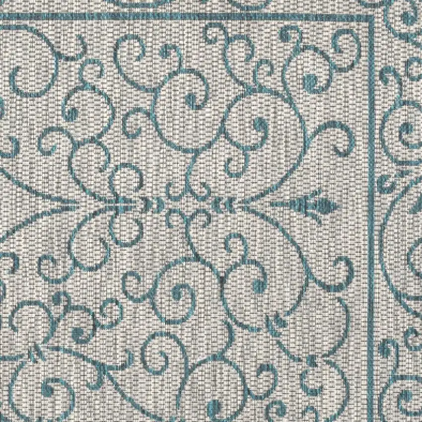 5' Gray And Teal Blue Square Medallion Indoor Outdoor Area Rug Photo 2