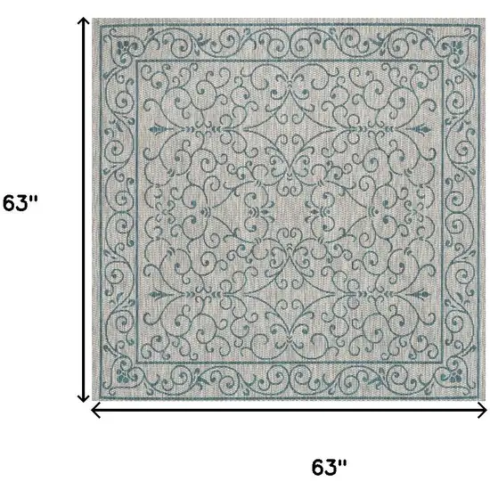 5' Gray And Teal Blue Square Medallion Indoor Outdoor Area Rug Photo 8